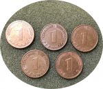 Германия • ФРГ 1950-1992 гг. • KM# 105 • 1 пфенниг • дворы A,D,F,G,J (5 монет) • регулярный выпуск • XF-AU
