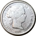 Испания 1867 г. • KM# 628.2 • 40 сентимо • Королева Изабелла II • королевский герб • регулярный выпуск • VF