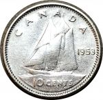 Канада 1953 г. • KM# 51 • 10 центов • Елизавета II • парусник • серебро • регулярный выпуск • XF