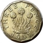 Великобритания 1937 г. • KM# 849 • 3 пенса • первый год чеканки типа • Георг VI • армерия • регулярный выпуск • XF+