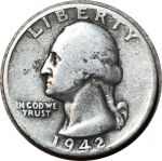 США 1942 г. • KM# 164 • квотер (25 центов) • Джордж Вашингтон • серебро • регулярный выпуск • F