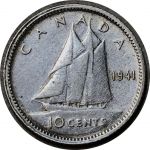 Канада 1941 г. • KM# 34 • 10 центов • Георг VI • серебро • регулярный выпуск • XF+