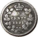Канада 1881 г. H • KM# 2 • 5 центов • Виктория • серебро • регулярный выпуск • F