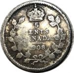 Канада 1908 г. • KM# 13 • 5 центов • Эдуард VII • серебро • регулярный выпуск • F-