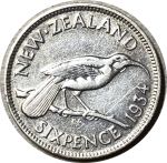 Новая Зеландия 1933 г. • KM# 2 • 6 пенсов • Георг V • птица гуйа • серебро • регулярный выпуск • XF-