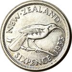 Новая Зеландия 1933 г. • KM# 2 • 6 пенсов • Георг V • птица гуйа • серебро • регулярный выпуск • XF-