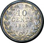 Нидерланды 1905 г. • KM# 136 • 10 центов • королева Вильгельмина I • серебро • регулярный выпуск • XF+ ( кат. - $70+ )