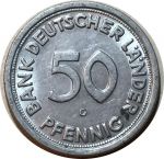 Германия • ФРГ 1949 г. G (Карлсруэ) • KM# 104 • 50 пфеннигов • регулярный выпуск • MS BU- ( кат.- $ 55 )