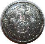 Германия • 3-й рейх 1937 г. A (Берлин) • KM# 94 • 5 рейхсмарок • (серебро) • символ Рейха • Гинденбург • регулярный выпуск • AU+