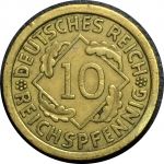 Германия 1929 г. F (Штутгарт) • KM# 40 • 10 рейхспфеннигов • колосья пшеницы • регулярный выпуск • XF ( кат. - $15 )