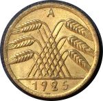 Германия 1925 г. A (Берлин) • KM# 39 • 5 рейхспфеннигов • колосья пшеницы • регулярный выпуск • BU ( кат. - $15 )