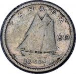 Канада 1943 г. • KM# 34 • 10 центов • Георг VI • серебро • регулярный выпуск • F-VF