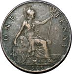 Великобритания 1909 г. • KM# 794.2 • 1 пенни • Эдуард VII • регулярный выпуск • XF- ( кат. - $35 )