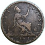 Великобритания 1861 г. • KM# 749.2 • 1 пенни • королева Виктория • регулярный выпуск • F-VF ( кат. - $10-15 )