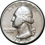 США 1949 г. • KM# 164 • квотер (25 центов) • (серебро) • Джордж Вашингтон • регулярный выпуск • VF