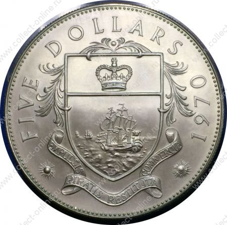 Багамы 1970 г. • KM# 10 • 5 долларов • герб островов • Елизавета II • серебро 925 - 42.12 гр. • регулярный выпуск • MS BU Люкс!!