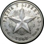 Куба 1948 г. • KM# 13.2 • 20 сентаво • звезда и герб • (серебро) • регулярный выпуск • XF+