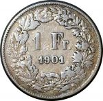 Швейцария 1901 г. B (Берн) • KM# 24 • 1 франк • серебро • регулярный выпуск • F