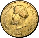 Бразилия 1867 г. • KM# 467 • 10 тыс. рейс • Император Педру II • золото 917 - 8.96 гр. • XF-AU