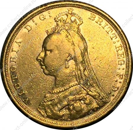 Великобритания 1892 г. • KM# 767 • соверен • королева Виктория(юбилейный портрет) • св. Георгий • золото 917 - 7.98 гр. • регулярный выпуск • XF