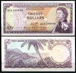 Восточные Карибы 1965 г. • P# 15g • 20 долларов • Елизавета II • пальма на пляже • подписи № 10 • регулярный выпуск • AU+
