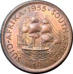 Южная Африка 1955 г. • KM# 46 • 1 пенни • Елизавета II • парусник • регулярный выпуск • MS пруф! красн.