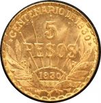 Уругвай 1930 г. • KM# 27 • 5 песо • 100-летие Конституции • Хосе Артигас • золото 917 - 8.49 гр. • MS BU Люкс!!