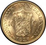 Нидерланды 1926 г. • KM# 162 • 10 гульденов • королева Вильгельмина • золото 900 - 6.73 гр. • MS BU GEM!!