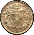 Швейцария 1949 г. B • KM# 35.2 • 20 франков • золото 900 - 6.45 гр. • регулярный выпуск • MS BU Люкс!!