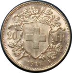 Швейцария 1922 г. B • KM# 35.1 • 20 франков • золото 900 - 6.45 гр. • регулярный выпуск • MS BU Люкс!!