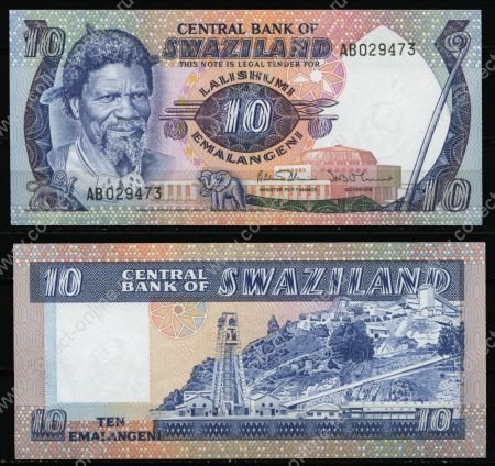 Свазиленд 1982-1986 гг.( 1985) • P# 10c • 10 эмалангени • вождь Собуза II • регулярный выпуск • UNC пресс