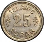 Исландия 1940 г. • KM# 2.2 • 25 эйре • государственный герб • регулярный выпуск(год-тип) • MS BU