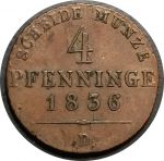 Пруссия 1836 г. D(Аурих) • KM# 412 • 4 пфеннига • герб Пруссии • регулярный выпуск • AU • красная медь ( кат. - $90 )