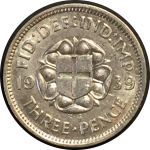Великобритания 1939 г. • KM# 848 • 3 пенса • Георг VI • регулярный выпуск • AU+ ( кат. - $30 )