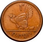 Ирландия 1942 г. • KM# 11 • 1 пенни • арфа • курица • регулярный выпуск • XF+
