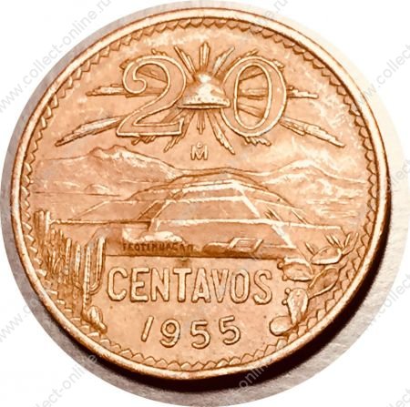 Мексика 1955 г. • KM# 439 • 20 сентаво • пирамида Солнца • регулярный выпуск • AU ( кат. - $30 )