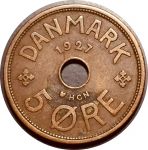 Дания 1927 г. KM# 828.1 • 5 эре • королевская монограмма • регулярный выпуск(год-тип) • XF