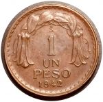 Чили 1942 г. • KM# 179 • 1 песо • генерал Бернардо О'Хиггинс • регулярный выпуск(первый год) • MS ( кат. - $15 )