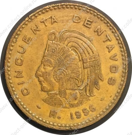 Мексика 1956 г. M • KM# 450 • 50 сентаво • голова ацтека • регулярный выпуск • AU