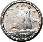 Канада 1947 г. • KM# 34 • 10 центов • Георг VI • серебро • знак "кленовый лист" • регулярный выпуск • XF