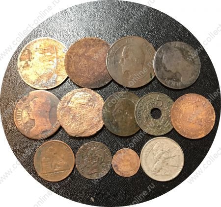 14 старинных(XVIII-XIX век) иностранных монет • НЕ в сохране (медь - 74 гр./серебро - 5.6 гр)