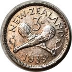 Новая Зеландия 1939 г. • KM# 7 • 3 пенса • серебро • регулярный выпуск • AU
