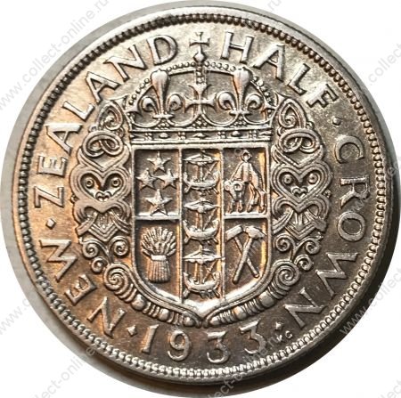 Новая Зеландия 1933 г. • KM# 5 • полкроны • Георг V • герб доминиона • серебро • регулярный выпуск • VF