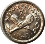 Новая Зеландия 1943 г. • KM# 7 • 3 пенса • Георг VI • серебро • регулярный выпуск • MS BU (кат - $35 )