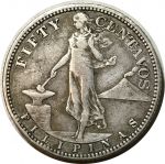 Филиппины 1917 г. S • KM# 171 • 50 сентаво • американский орел на щите • серебро • регулярный выпуск • F-VF