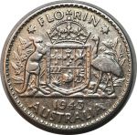 Австралия 1943 г. • KM# 40 • 1 флорин(2 шиллинга) • Георг VI • кенгуру, страус и герб • серебро • регулярный выпуск • VF