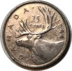 Канада 1944 г. • KM# 35 • 25 центов • Георг VI • северный олень(карибу) • регулярный выпуск • серебро • XF-