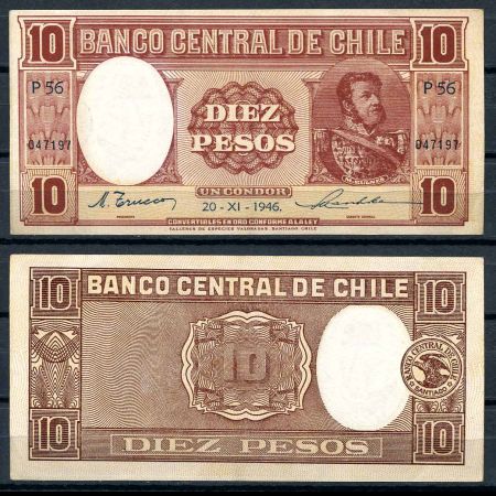 Чили 1946 г. • P# 103 • 10 песо • Мануэль Бульнес • регулярный выпуск • UNC пресс