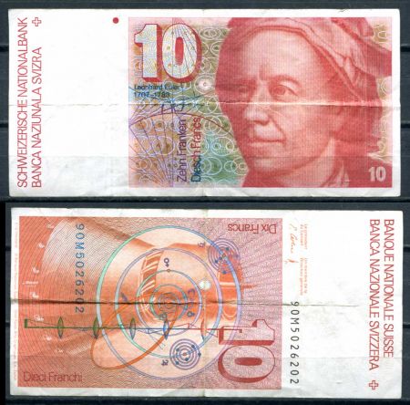 Швейцария 1990 г. • P# 53h sign. 64 • 10 франков • Леонард Эйлер • регулярный выпуск • VF-