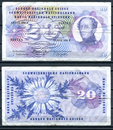 Швейцария 1976 г. • P# 46w sign. 47 • 20 франков • Гийом-Анри Дюфур • регулярный выпуск • F-VF